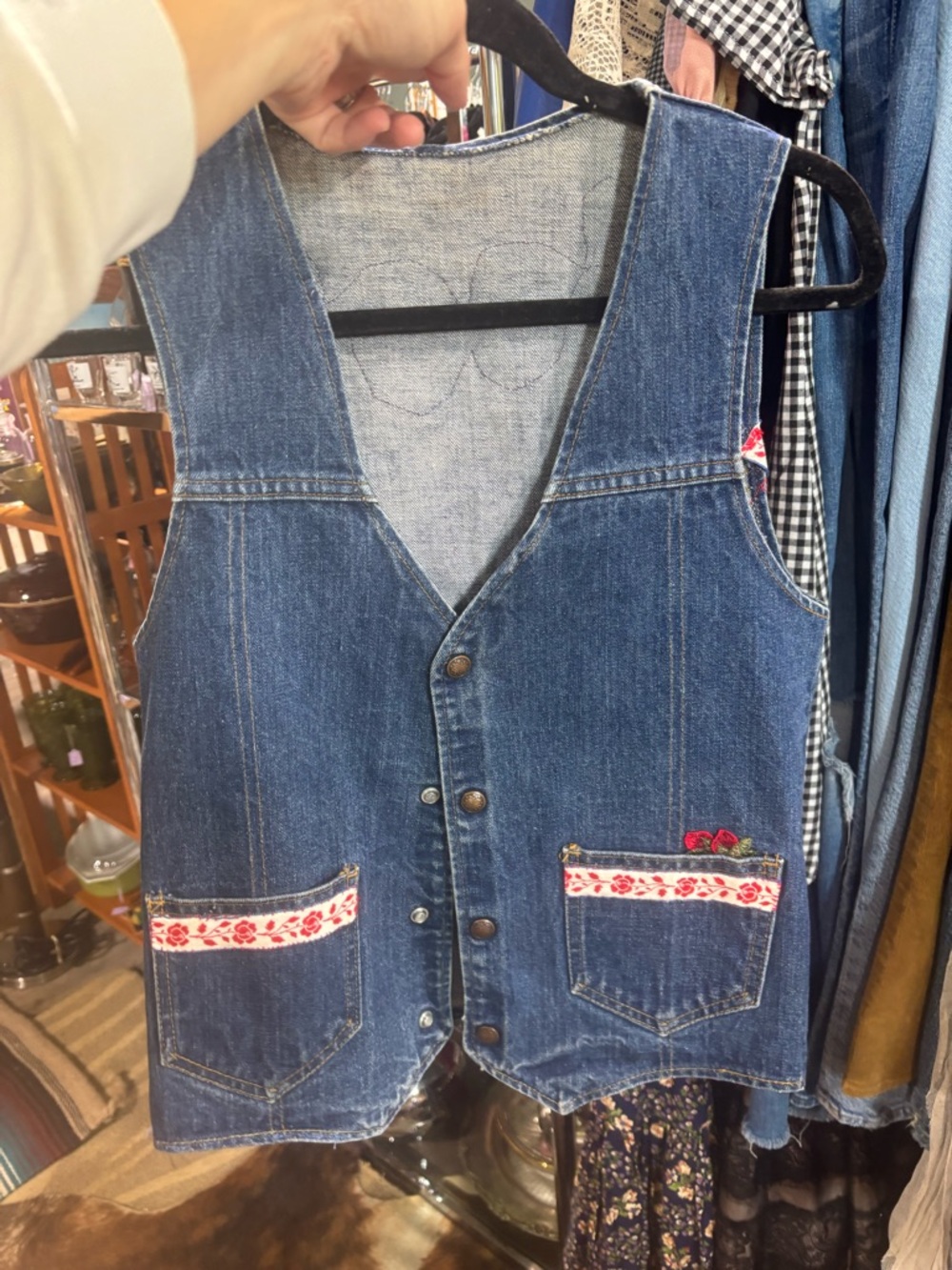 Vintage Homemade Denim Vest with Embroidered Pocket Trim